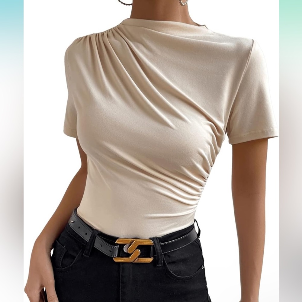 Boture Women's Casual Short Sleeve Mock Neck Ruched Top Slim Fit Plain Tee shirt